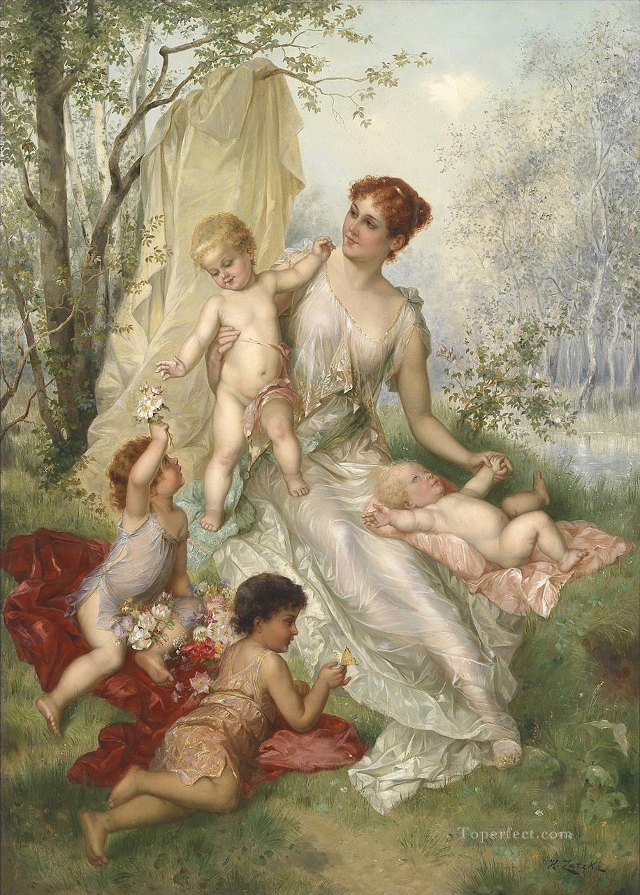 woman and kids Hans Zatzka classical flowers Oil Paintings